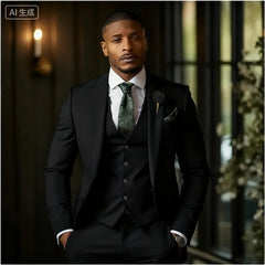 Green Emerald 3-Piece Men's Formal Tuxedo Elegant Jacket with Notched Lapel + Vest + Pants Wedding Groomsmen Smoking Suit