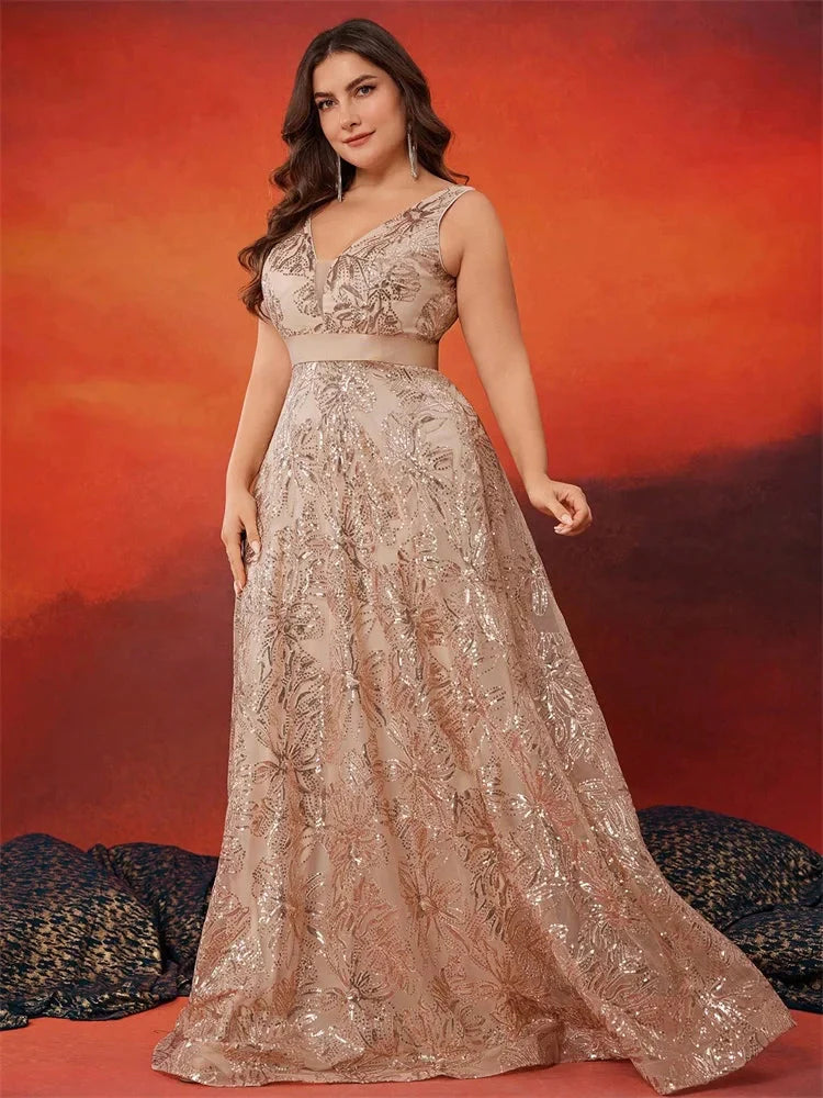 Lucyinlove Plus Size Luxury Deep V-Neck Sequins Blue Evening Dress Women Elegant V-back Wedding Party Long Prom Cocktail Dresses SHOWLU FASHION STORE