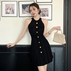 Women Retro Houndstooth Knit Mini Dress Summer Elegant Sexy Halter Gold Button Slim A-line Short Dresses Date Party Casual Daily