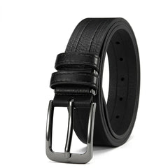 A black leather belt with a textured surface and a dark metal pin buckle.