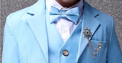 A sky blue formal suit for children featuring a matching bow tie and a ship wheel lapel pin.