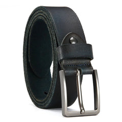 A dark blue leather men's casual belt featuring a rectangular antique metal needle buckle.