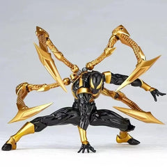 A black and gold Iron Spider-Man action figure in a dynamic crouching pose with four mechanical arms.
