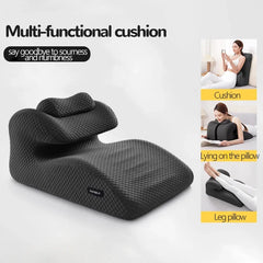 A dark gray, quilted, multi-functional memory foam cushion shown in three different positions.