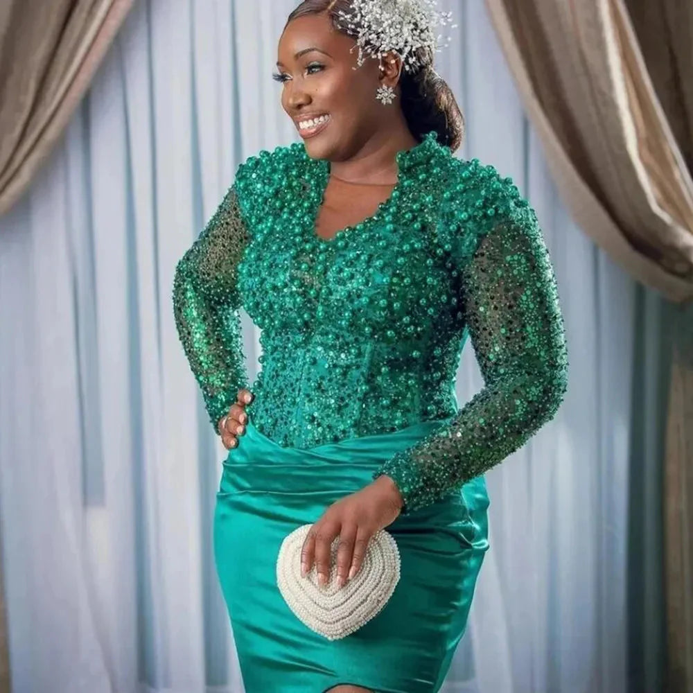 Aso Ebi African Mermaid Prom Dresses High Split Crystals Pearls Women Formal Party Evening Gowns Customized Plus Size Clothing SHOWLU FASHION STORE