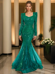 Romagic Long Sleeves Sweetheart Neck A Line Mesh Formal Evening Dress Floor Length Women Prom Party Dresses Winter SHOWLU FASHION STORE