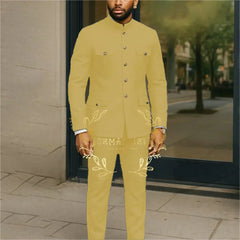 Affrica Style White Stand Collar Single Breasted Jacket Pants Business Men Suit Tuxedos Groom Wedding Suits Male Blazer Sets