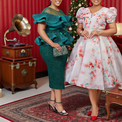 Customized Sequin Patchwork Bodycon Dress Women Tierred Ruffle 3D Flower Elegant Chic Christmas Party Stylish Evening Gown