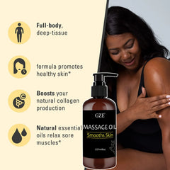 A bottle of GZE massage oil is shown next to a woman applying the product to her arm.
