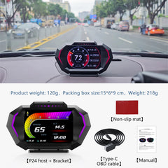 A P24 car head-up display unit with an OBD cable, non-slip mat, and manual.