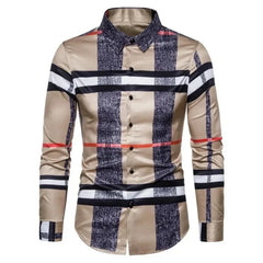A men's long-sleeve button-down shirt featuring a tan base with a dark plaid and stripe pattern.