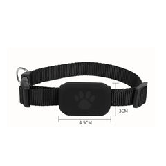 A black pet collar featuring a rectangular GPS tracker with a paw print icon and dimension labels.