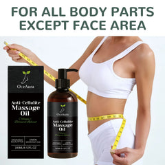 A bottle of OceAura anti-cellulite massage oil next to a woman measuring her waist.