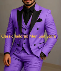 Beige Double Breasted Suit Black Lapel Slim Fit Wedding Suit