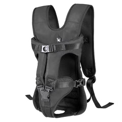 A black nylon front-facing dog carrier backpack with adjustable straps and breathable mesh padding.