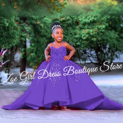 Fuchsia Baby Girl Birthday Party Satin Dress Beaded Lace Appliques Sleeveless Flower Girl Dresses For Wedding Customized