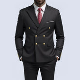 Men Double Breasted Suit Black Slim Fit High Quality Wedding Costume Party Prom Gold Button Male Suits