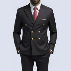 Men Double Breasted Suit Black Slim Fit High Quality Wedding Costume Party Prom Gold Button Male Suits