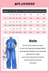 Plus Size Vacation Blue Casual Round Neck Short Sleeve Pocket Tencel Denim Two Piece Pant Sets