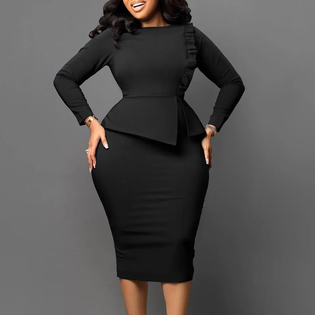 A black long-sleeve sheath dress with a peplum waist and mid-calf length.