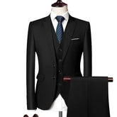 A black three-piece men's suit set featuring a single-breasted jacket, vest, and matching trousers.