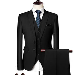A black three-piece men's suit set featuring a single-breasted jacket, vest, and matching trousers.