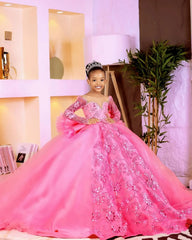 Customized Pink Flower Girl Dresses Children Birthday Dress Illusion Sheer Neck Long Sleeves Beaded Lace Princess Ball Gowns