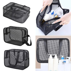 A black rectangular mesh shower bag with handles, shown empty and filled with toiletries.