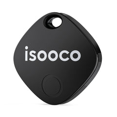 A black diamond-shaped smart key finder with the isooco logo and a circular button.