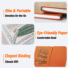 A tan PU leather Bible study notebook with a slim design and pages featuring study prompts.