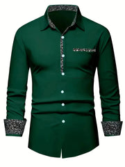 A dark green long-sleeve button-down shirt featuring a floral print on the collar, cuffs, and placket.