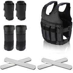 A black adjustable weighted vest with matching ankle weights and included steel plates.