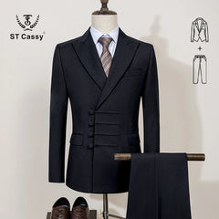A black two-piece men's suit featuring a double-breasted blazer with four decorative buttons.