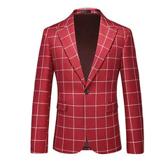 A red single-breasted blazer for men featuring a white grid plaid pattern.