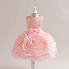 3D Flower Party Girls Dress Elegant Sequin Tulle Birthday Wedding Dresses for Girl Vestido Bow Bridesmaids Piano Evening Costume
