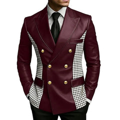 Men’s Brown Leather Blazer With Houndstooth Sides Vintage Two-Tone Double Breasted Slim Fit Gold Buttons Leather Tuxedo Jacket