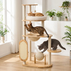 A four-tier wooden cat tree with scratching posts, a hanging ball, and a circular bed.