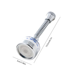 A flexible chrome kitchen faucet aerator extender with a 360-degree swivel head and dimensions.