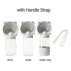 Three gray portable pet water bottles in different sizes with a detachable handle strap.