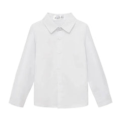 A long-sleeved white button-down dress shirt for children with a classic collar.