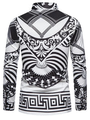 A men's long-sleeve button-down shirt featuring a black and white baroque-inspired print.