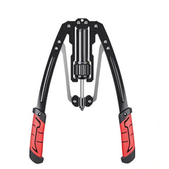 An adjustable hydraulic arm trainer with black metal frames and red textured hand grips.
