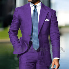 Blue Linen Single Breasted Men Suit Two Pieces(Jacket+Pants) Outfits Casual Party Prom Wedding Set