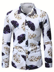 A men's long-sleeve button-down shirt in white featuring a repeating purple and gold leaf print.
