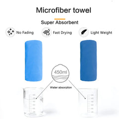 A blue microfiber sports towel is shown with a beaker demonstrating its water absorption capacity.