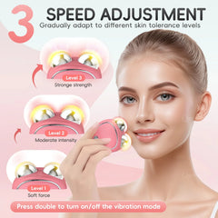 A pink handheld facial massager with two metal rollers and three adjustable intensity levels.