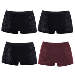 A set of four men's breathable mesh boxer briefs in black and maroon.