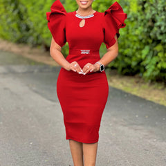 A red midi bodycon dress featuring ruffled sleeves, a keyhole neckline, and rhinestone accents.