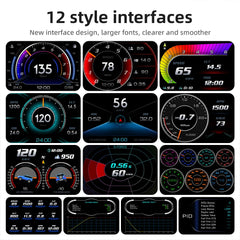 A car HUD display showing twelve different digital interface options for vehicle data.