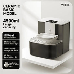 A white and dark gray automatic pet water dispenser with a ceramic bowl and digital display.